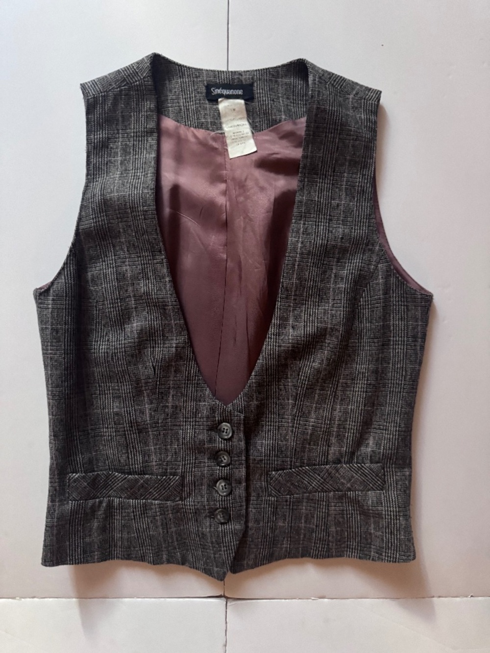 Sinequanone Plaid Grey/Lilac Button-Front Vest with Mauve Lining in Sz EU36
